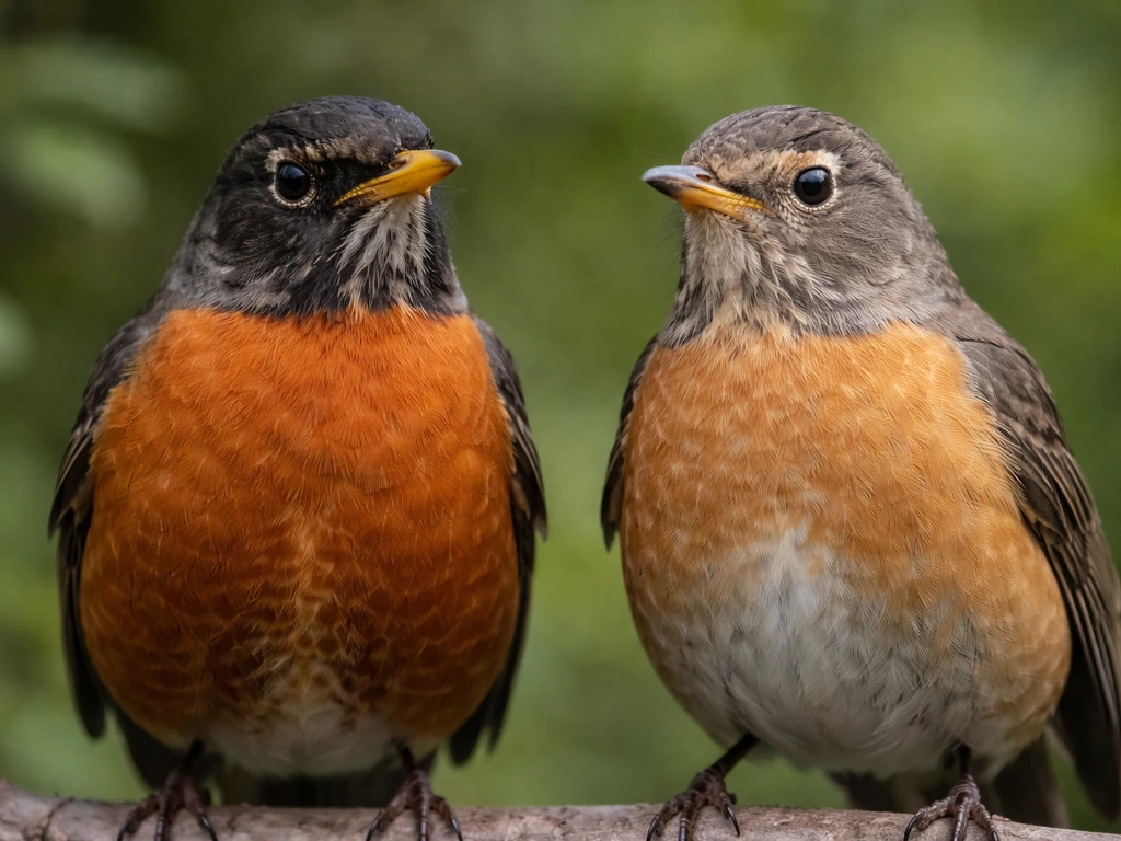 Side-by-side close-up of two robin birds showing contrasting darker male throat/breast and lighter female tones