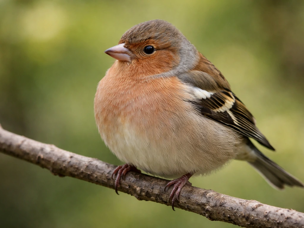 Close-up of a finch perched on a twig, showing its rounded stocky body and large head.