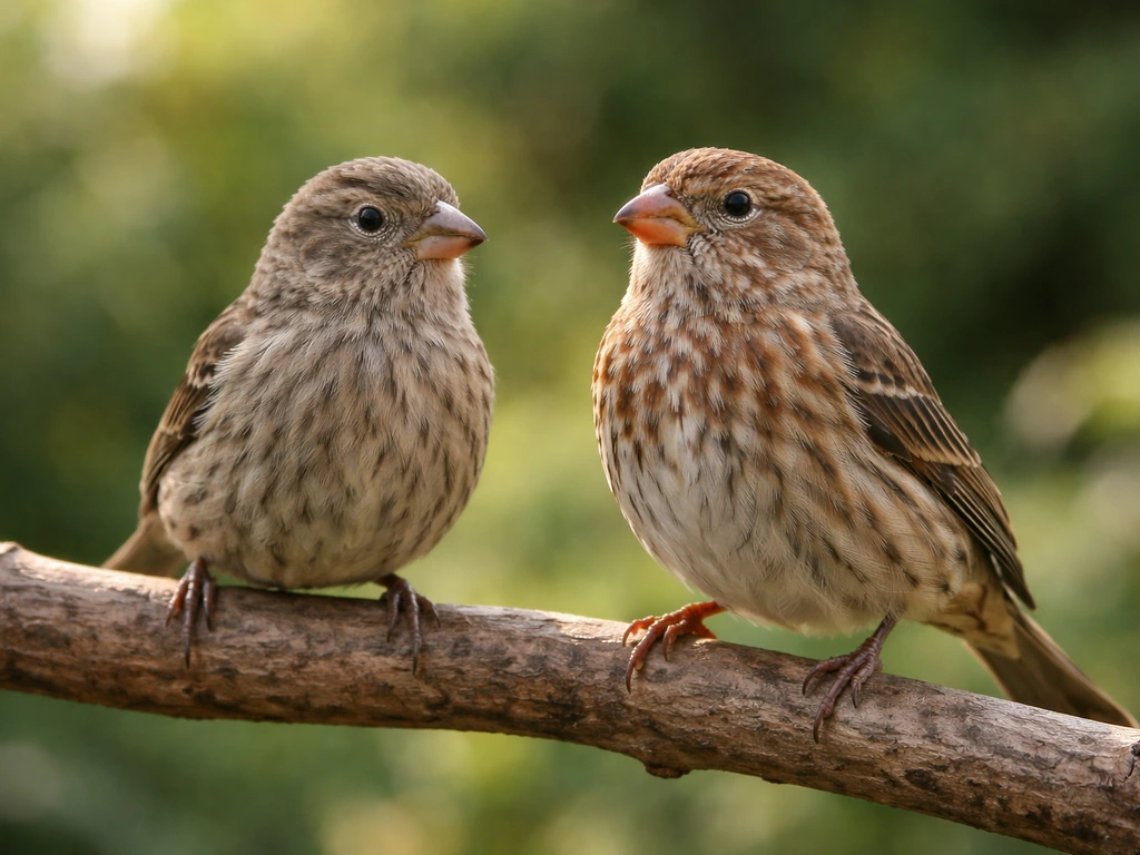Close-up of two finches side by side, showing different plumage colors and patterns on a simple branch.