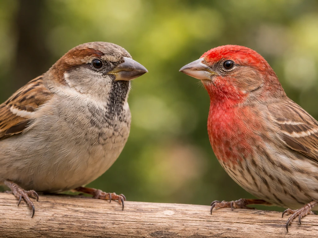 Two small birds perched side-by-side on a wooden feeder, bills and facial proportions clearly visible.