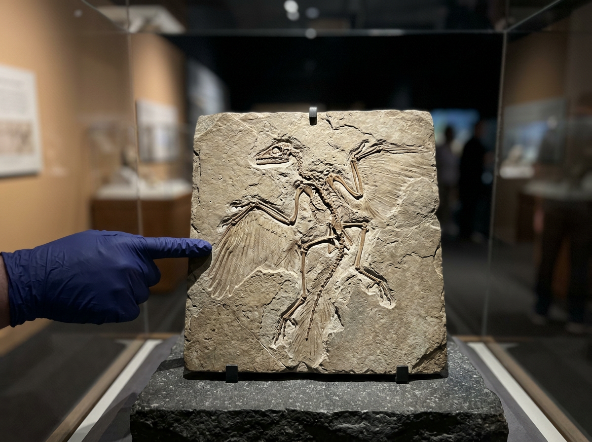 Archaeopteryx fossil slab with feather impressions and clawed fingers