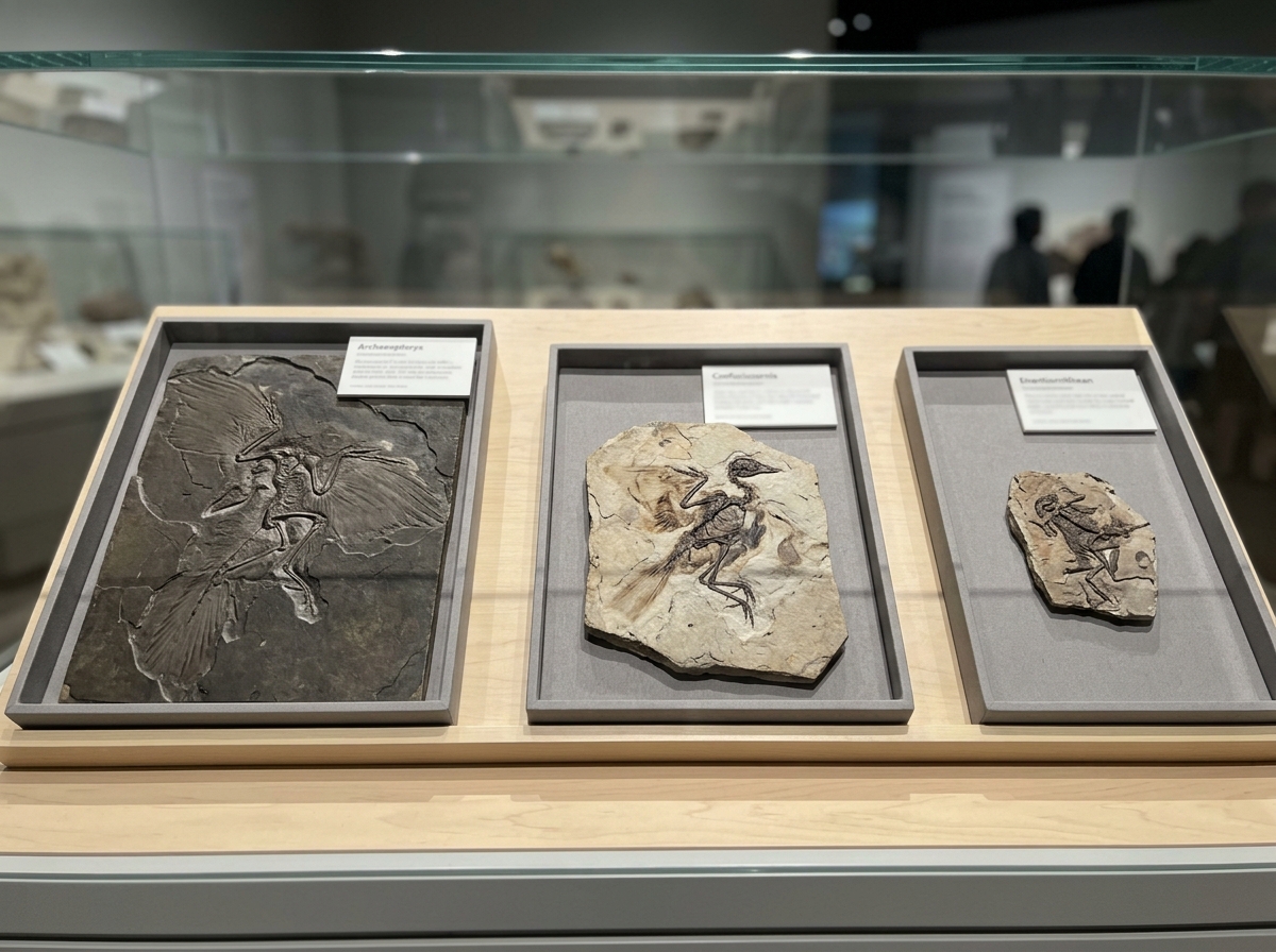 Side-by-side display cards or trays showing multiple earliest-bird candidate fossils