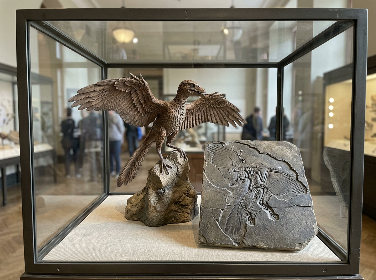 Museum viewing setup: glass case with an early bird reconstruction model next to fossil evidence