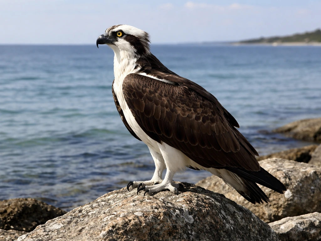 Osprey in side profile on a rocky shoreline, showing its full-body size and silhouette.