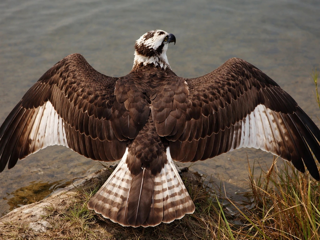 Overhead view of an osprey showing dark brown upperwing and contrasting patterned white underwing
