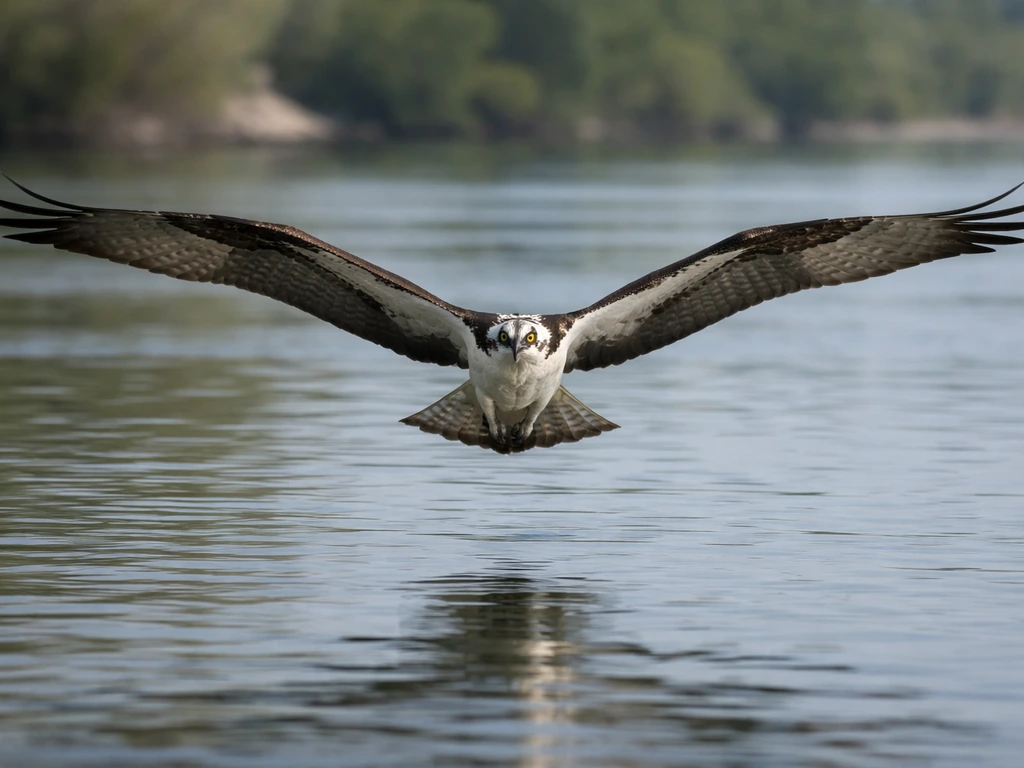 Osprey gliding over water with distinctive M-shaped wing bend and visible white belly from below.