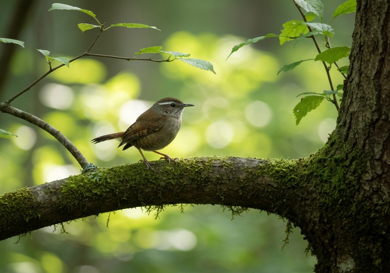 A larger-than-wren songbird perched on a branch in a leafy woodland, natural field-ID photo style.