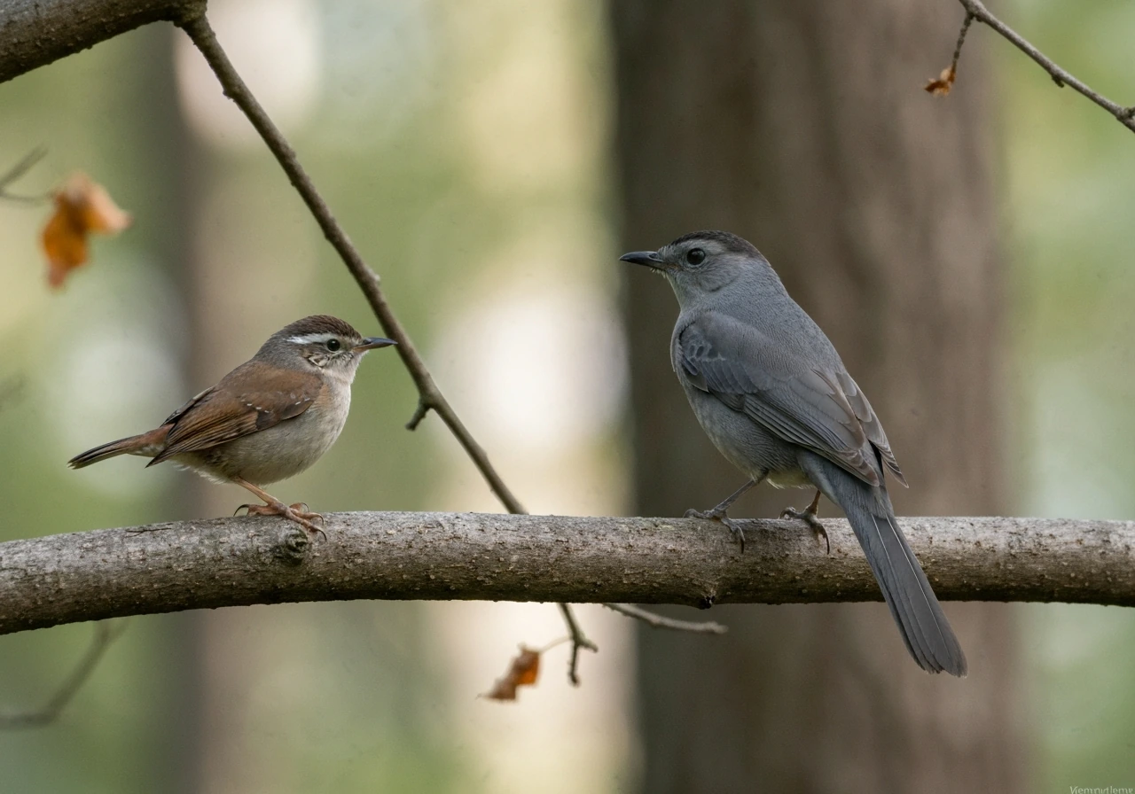 Two small birds side-by-side on a branch, one smaller wren-sized and one larger catbird-sized, for scale.