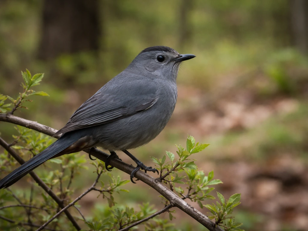 Gray catbird perched on a shrub, slate-gray head-to-tail plumage with minimal facial markings.