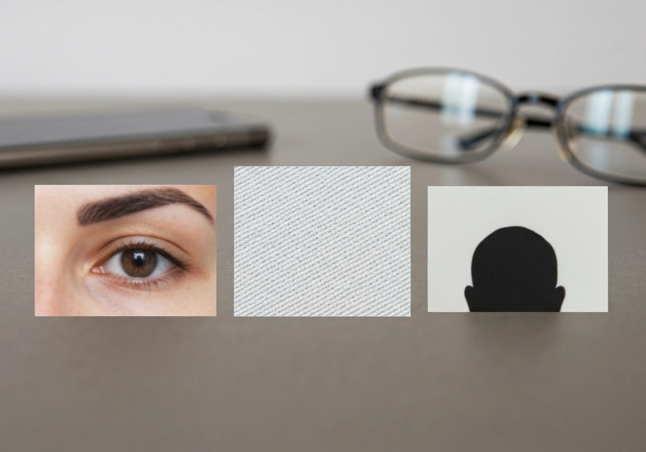 Tightly cropped view of an anonymous ID photo on a desk, with blurred reference items for photo verification context.