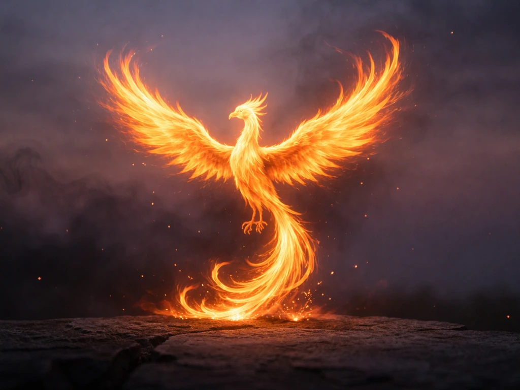 A glowing phoenix silhouette with a plume-like flaming tail hovering above dark stone at dusk.