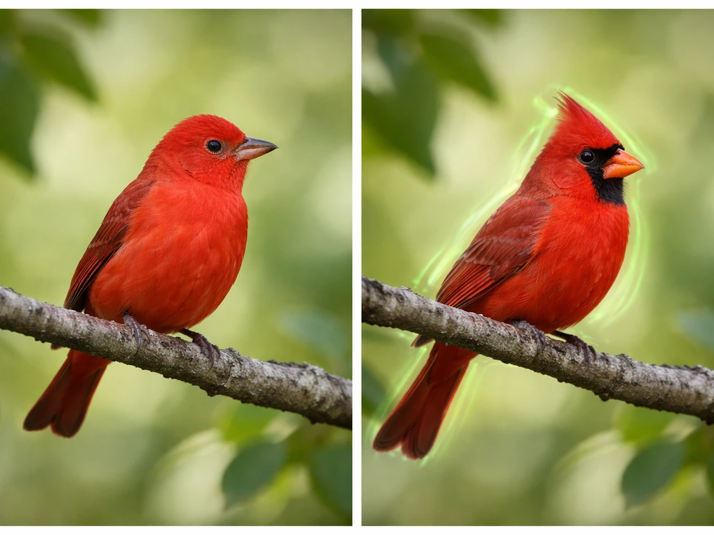 Side-by-side bird photos: one possibly misidentified, the other confirmed with subtle green field-mark highlights.