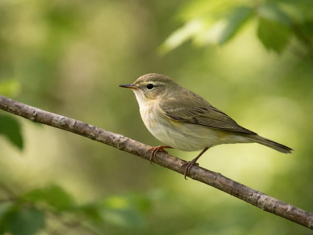 Small slender warbler perched on a thin branch, showing its pointed needle-like bill and streamlined body.