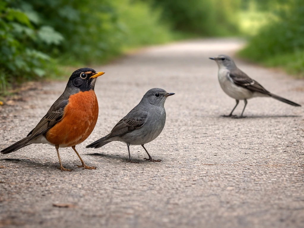 Robin-sized reference with a slimmer catbird beside it, showing body proportions in a simple park setting.