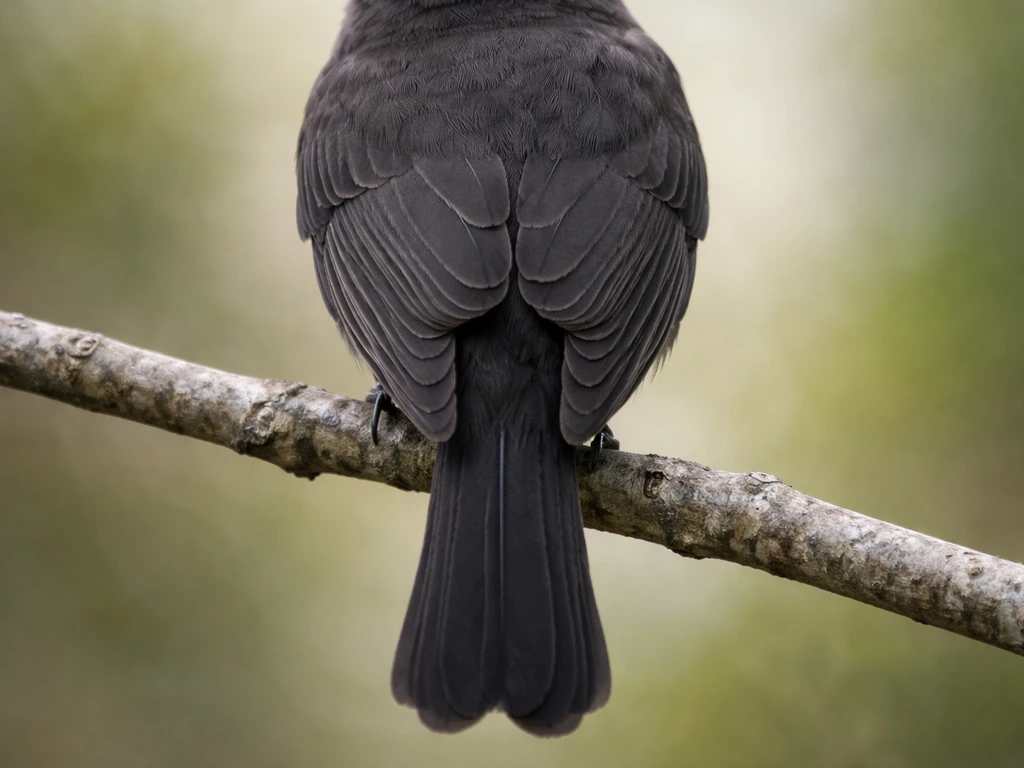 Close-up view of a slim blackish songbird with dark wings, no wingbars, and a slightly long tail