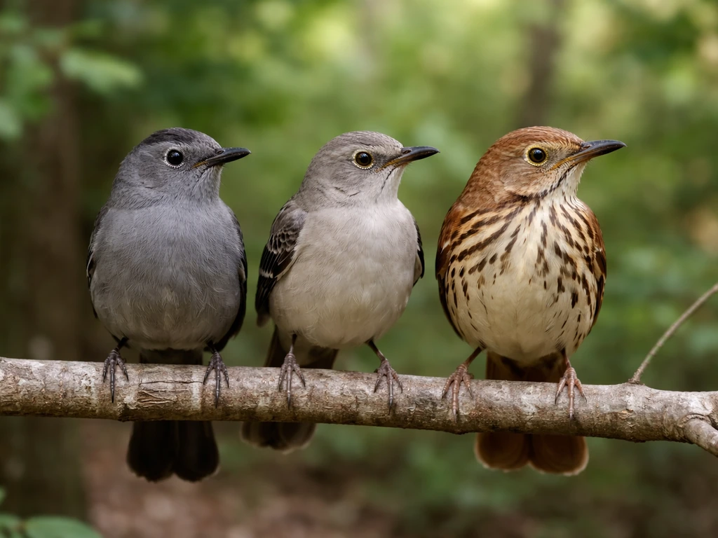 Gray catbird, northern mockingbird, and brown thrasher perched side-by-side on a branch.