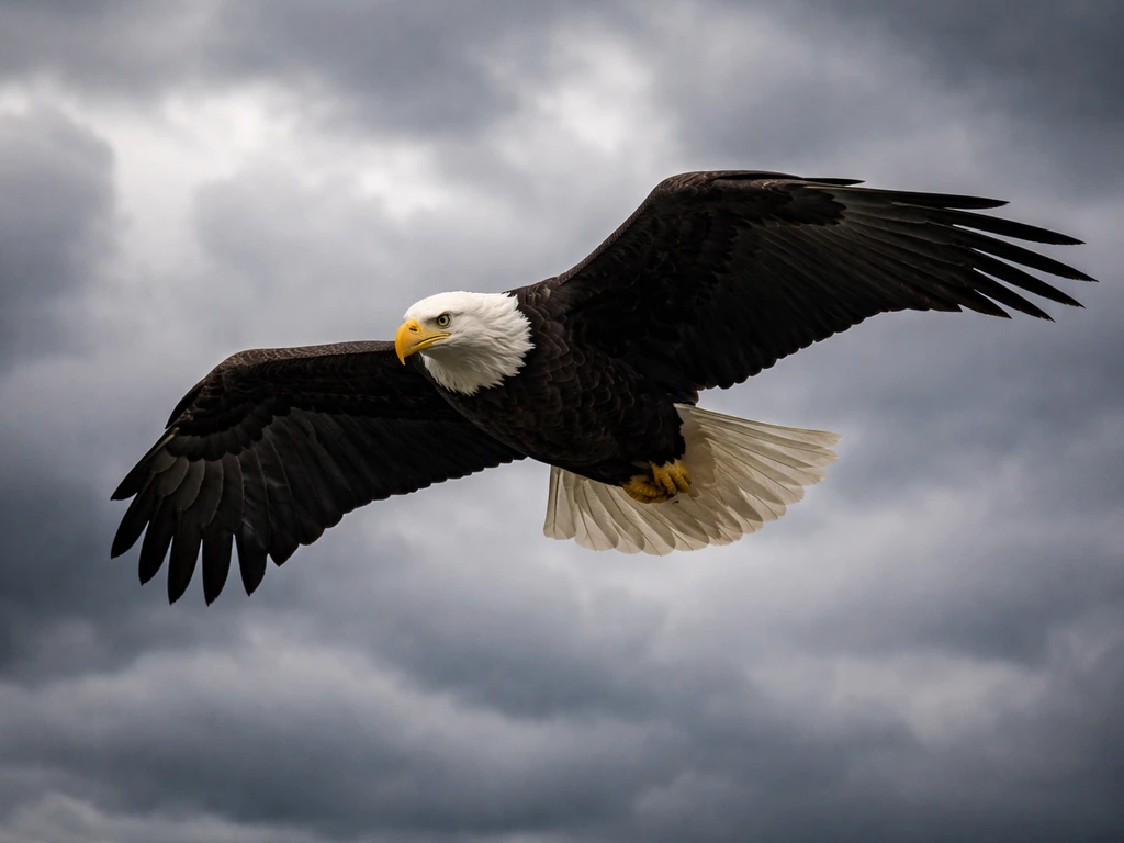 Adult bald eagle soaring with bright white head and tail against a cloudy sky
