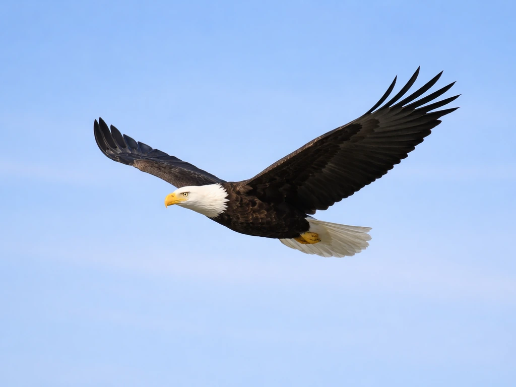 Adult bald eagle soaring with white head and tail and dark body against a clear blue sky.