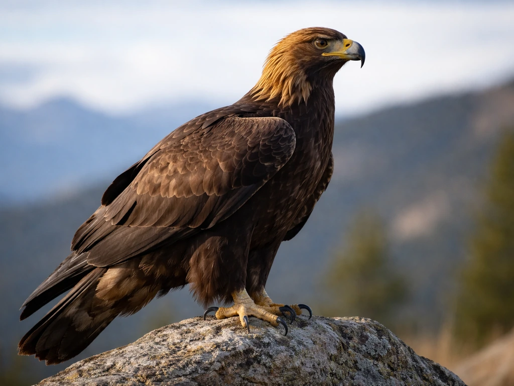 Golden eagle perched, showing golden-brown neck and dark body against a natural sky backdrop.