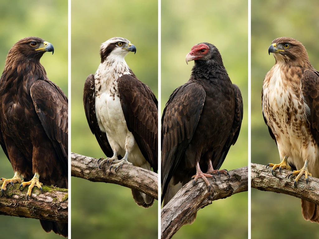 Side-by-side photos of four raptors showing distinct head, wing, tail, and posture field marks.