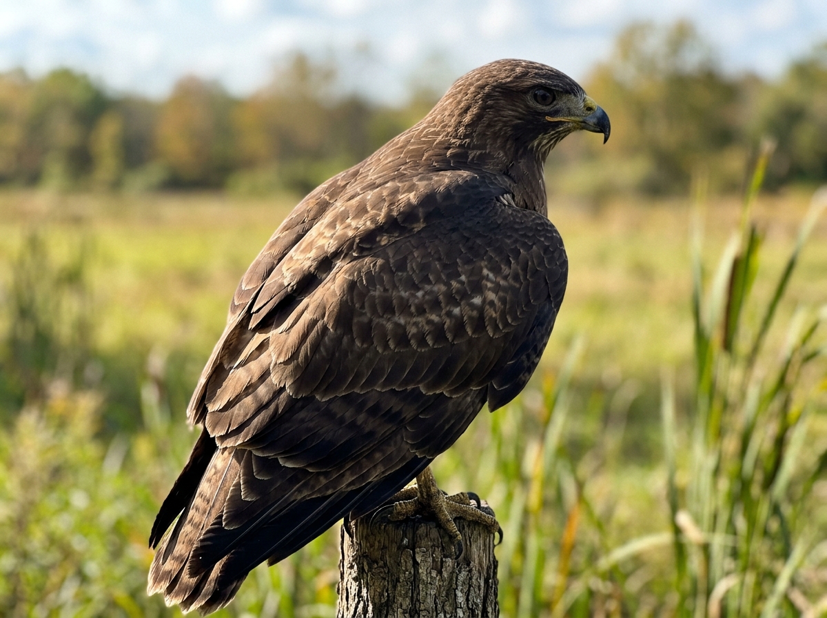 Raptor field marks: hooked beak, rounded head, and broad wings in quick side view