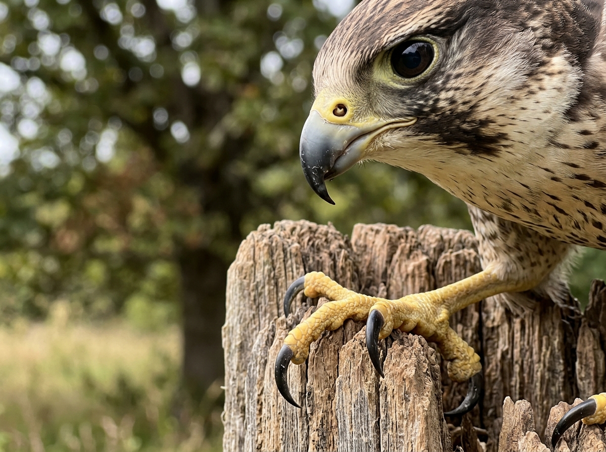 Hook-tipped beak and talons clearly visible on a perched raptor