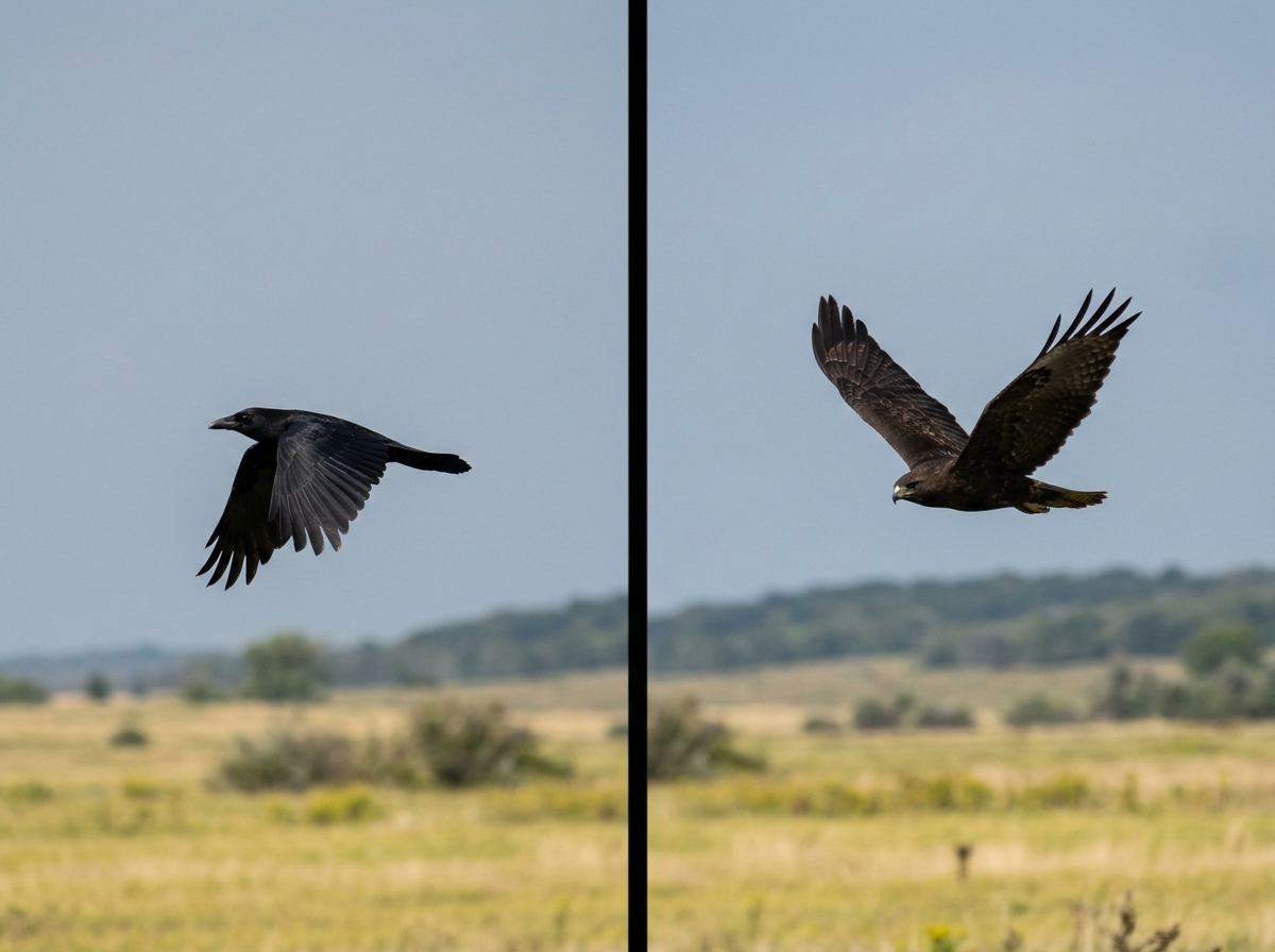 Crows vs raptors comparison: crow with flatter wings flapping more constantly