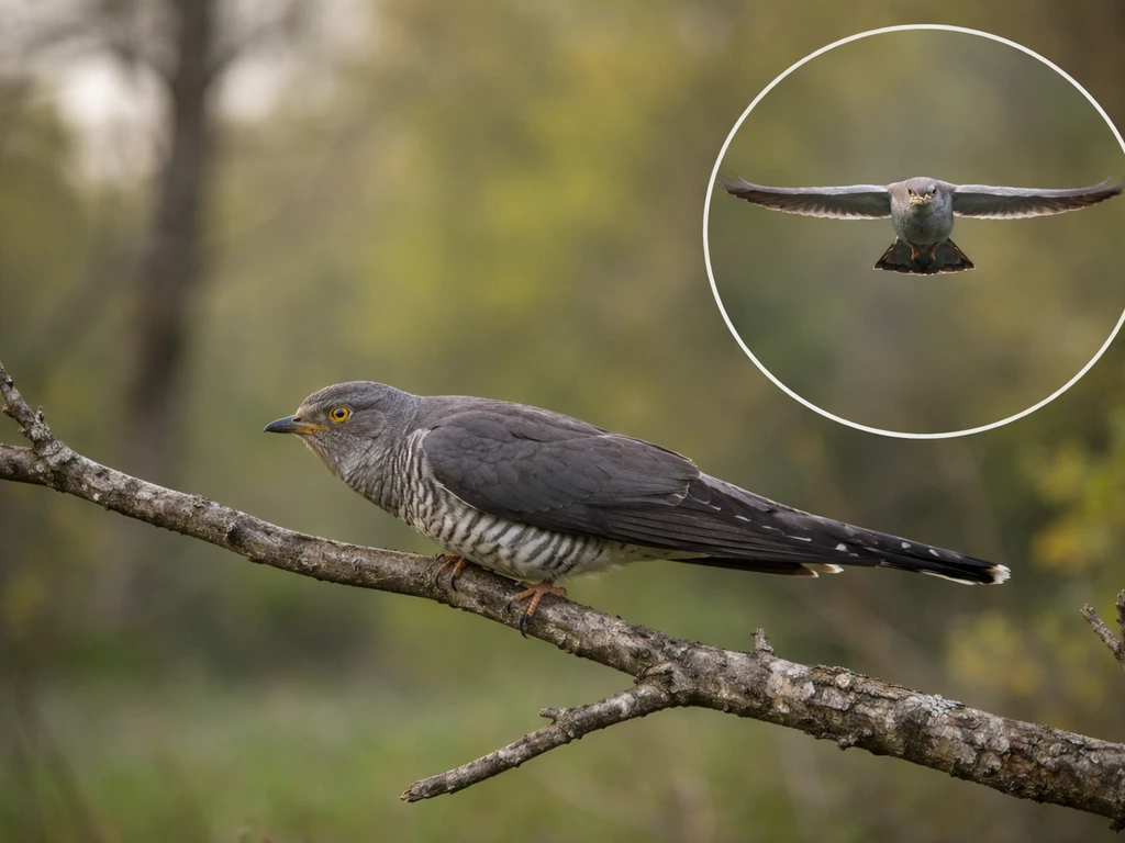 Close-up photo of a cuckoo perched low, showing slim horizontal crouch silhouette with a small wing-spread inset.