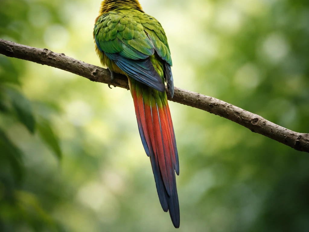 Low-angle photo of a conure showing its long graduated, tapered tail with subtle feather patterning.