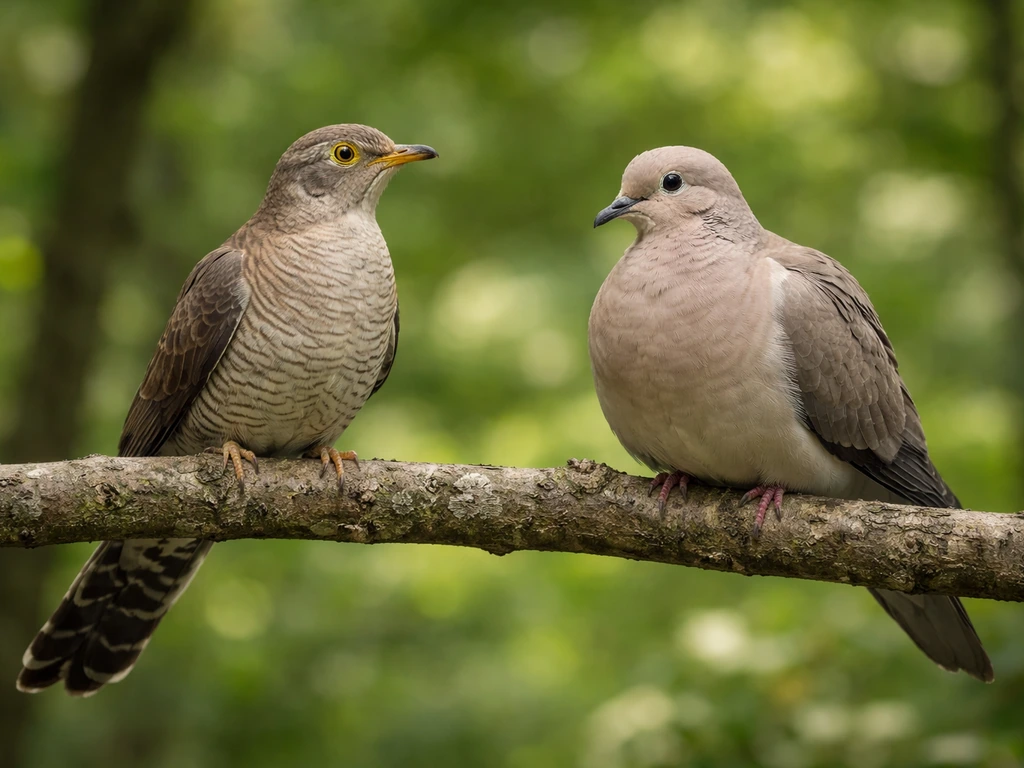 Perched cuckoo and mourning dove side by side on a branch, highlighting body shape and tail differences.