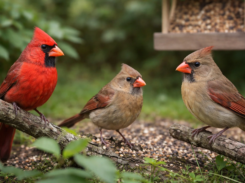 Three Northern Cardinals side-by-side: vivid red male, muted female, and brown juvenile with early red hints.