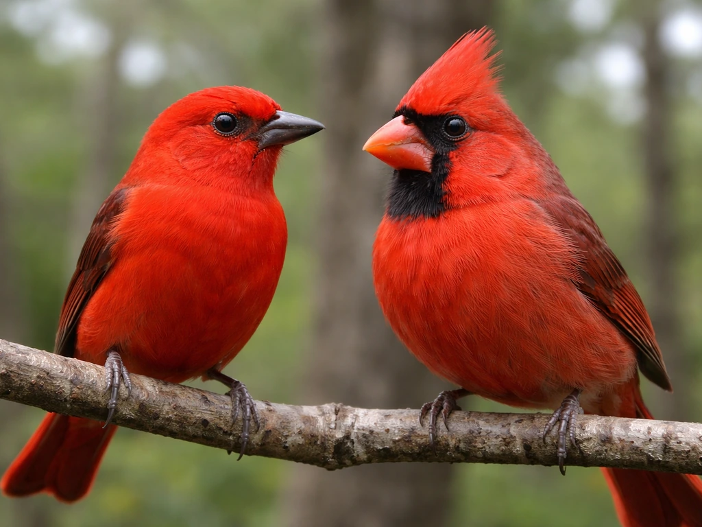 Two red birds perched on one branch, showing key bill/face differences like cardinal look-alikes.
