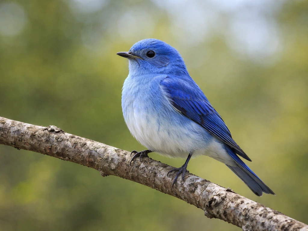A small blue bird on a branch with uneven sky-blue and indigo feathers across its body.