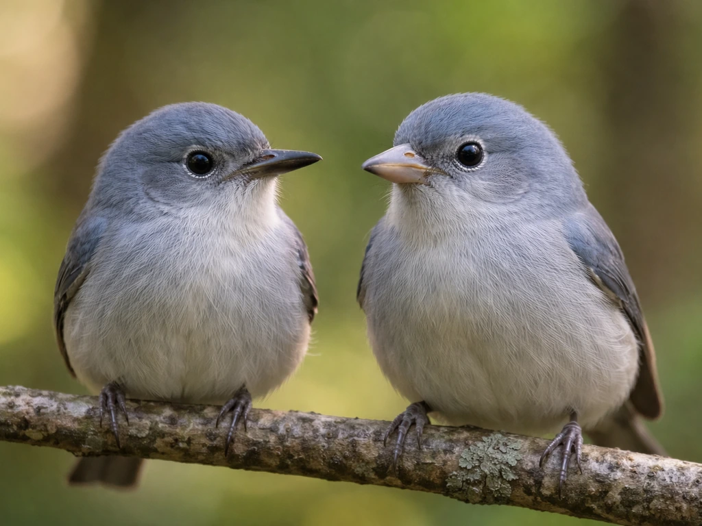 Close-up of two small bluebird-like birds showing different bill shapes on a natural branch