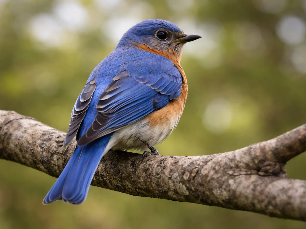 Close-up of a blue bird’s wing bars and tail shape perched on a branch.