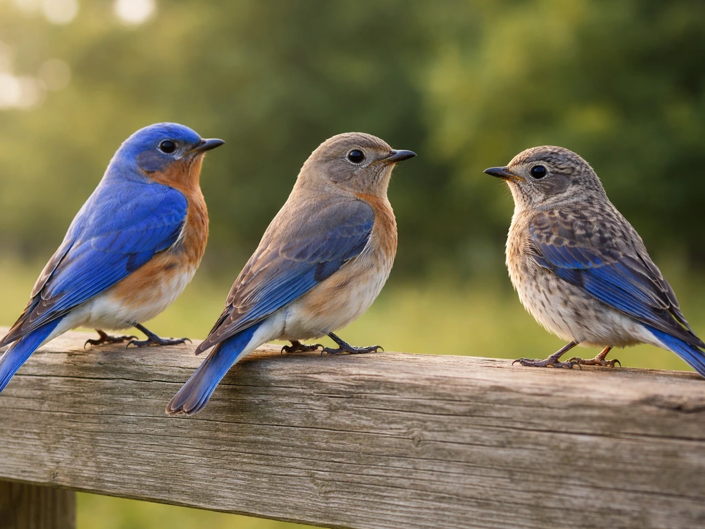 Three common bluebirds on a fence: vivid male, dull female, and mottled juvenile plumage.