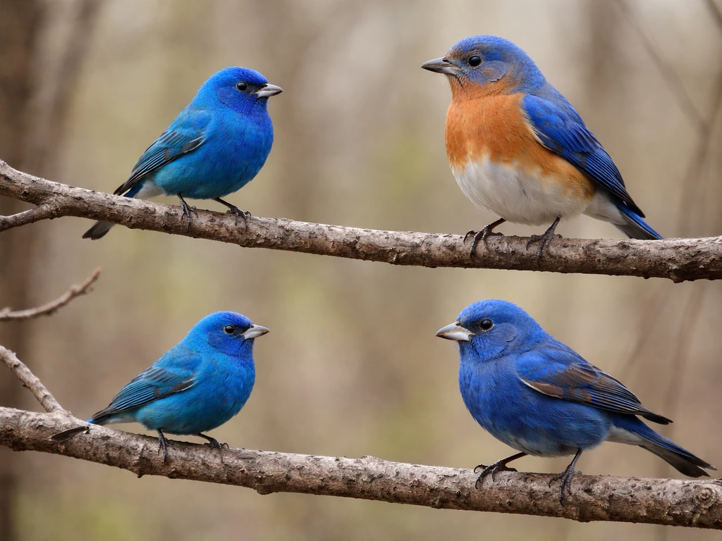 Indigo bunting vs bluebird and indigo bunting vs blue grosbeak on branches, highlighting size and bill differences.