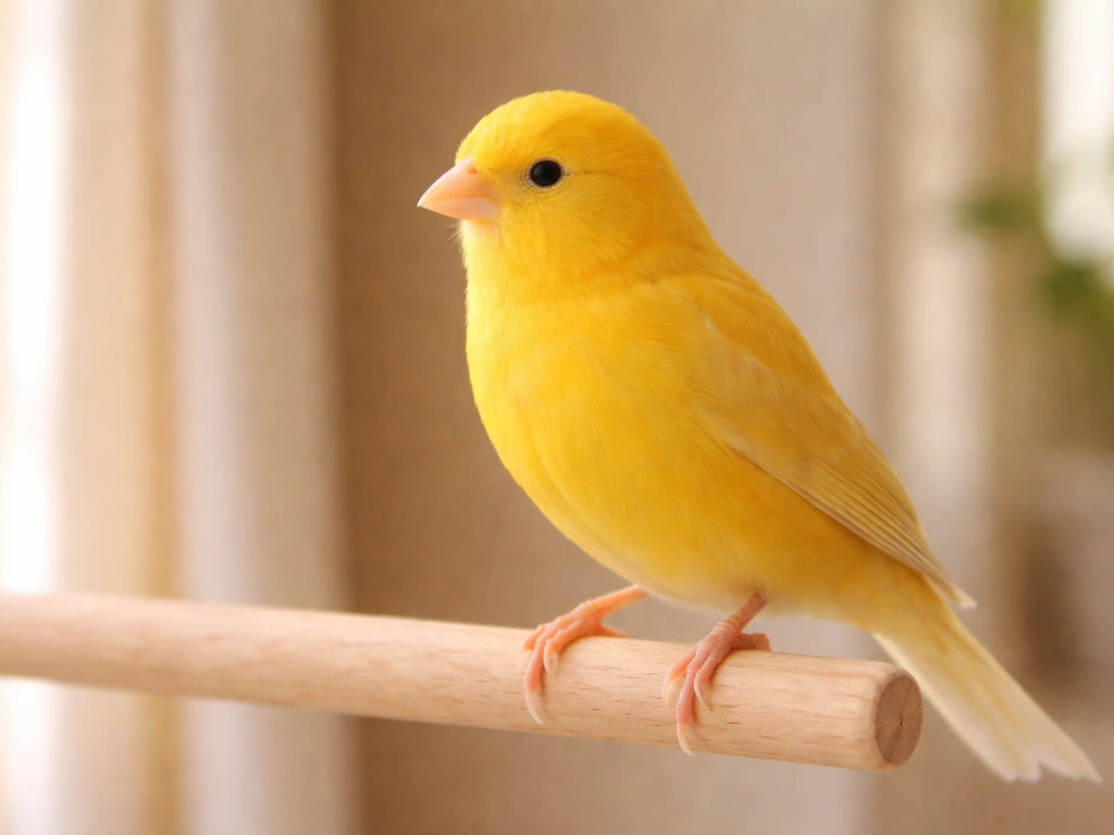 Close-up of a domestic canary perched indoors, showing rounded head, short cone bill, and soft yellow plumage.