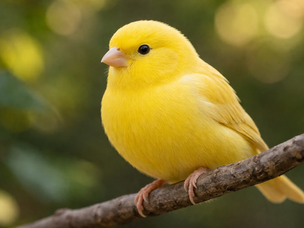 Close-up of a canary perched on a twig, showing its rounded head and short cone bill.