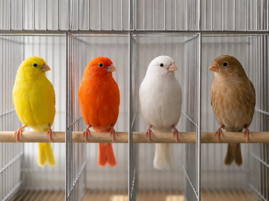 Four canaries in simple cages, showing different yellow, orange-red, white, and cinnamon-brown shades side by side.