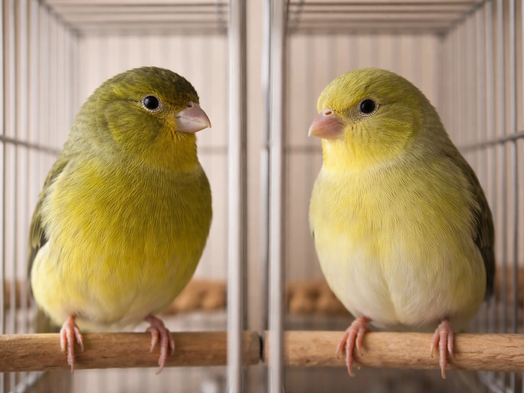 Two side-by-side canaries showing subtle male and female plumage differences in a simple indoor cage.