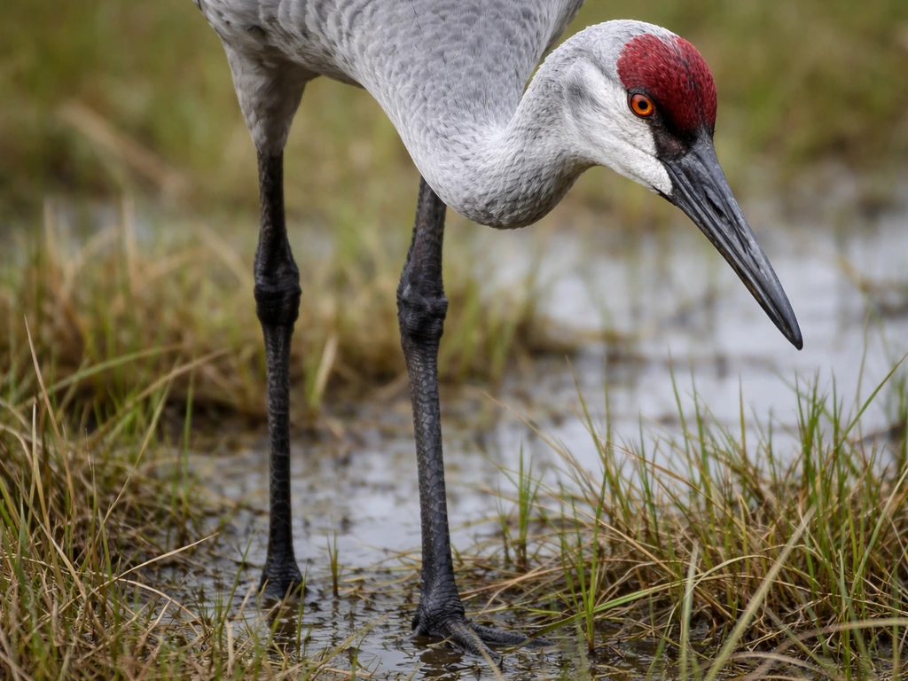 Low-angle close-up of a sandhill crane showing dark legs and the head with bill in soft grass light.