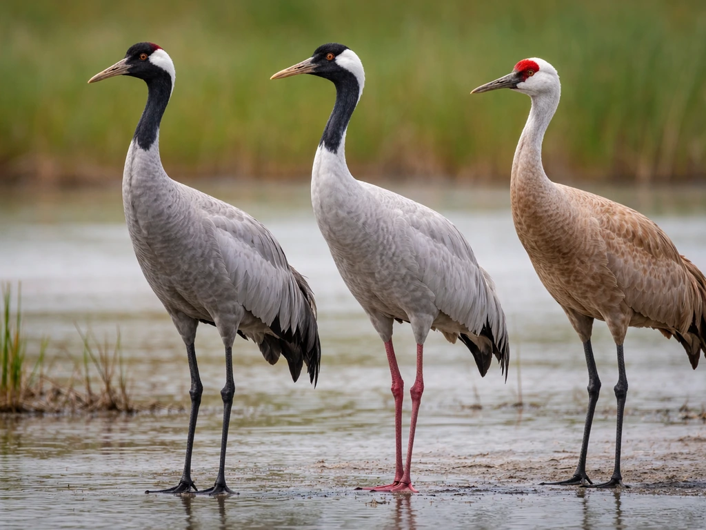 Three cranes shown side-by-side with distinct head crown, body color, and leg tones in a natural wetland scene