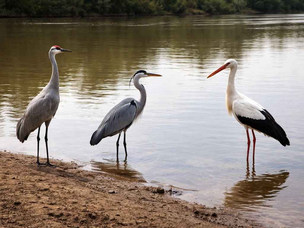 Three wading birds—crane, heron, and stork—showing different neck and leg postures near shallow water.
