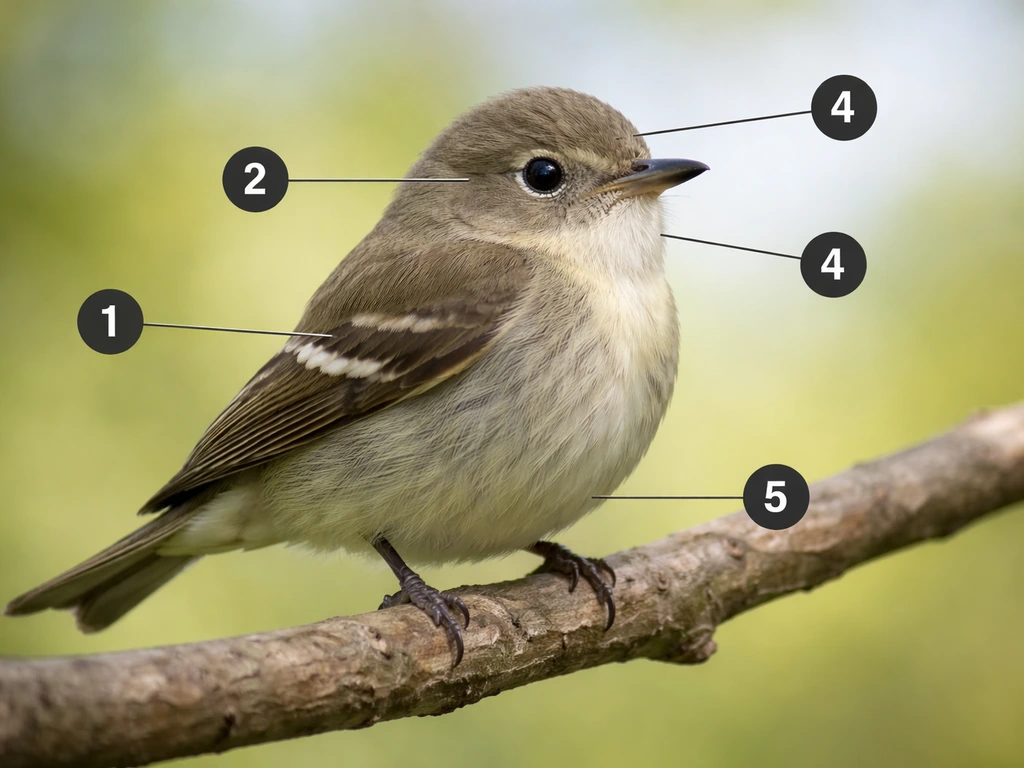 Close-up of a small songbird on a branch with five numbered callouts pointing to size, wings, face, throat, and tail.