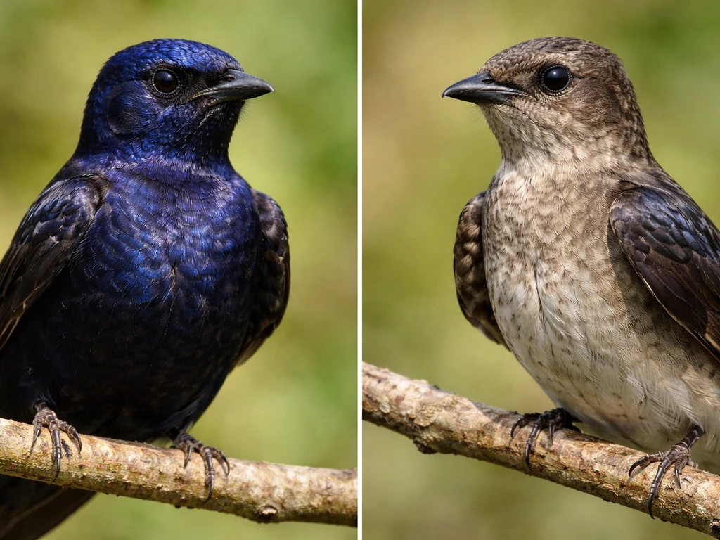 Side-by-side closeups showing adult male and female purple martin plumage colors from head to wing.