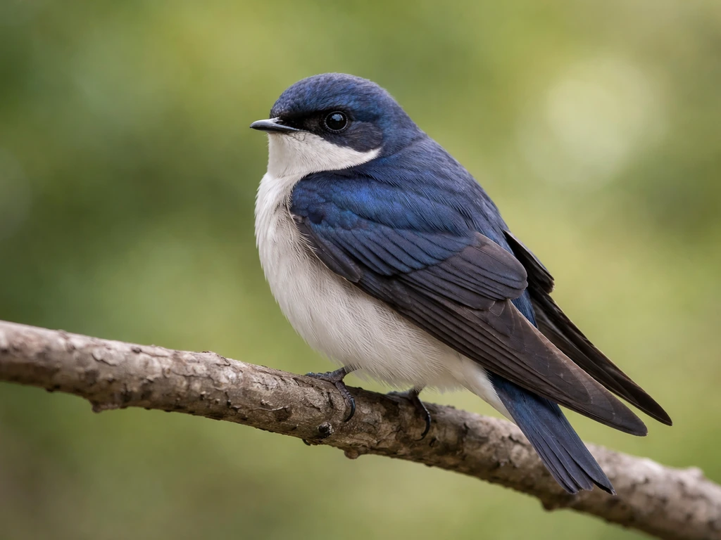 Close-up of a single perched bird showing subtle blue-purple wing sheen and a notched tail.