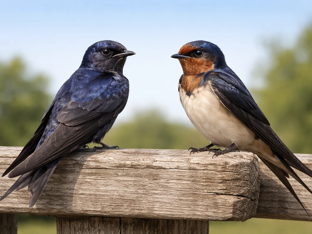 Close-up of two swallows perched side by side on a fence rail, showing differences in tail and face markings.