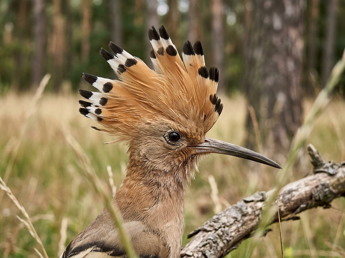 Hoopoe showing its fan-shaped crest and dinosaur-like head posture