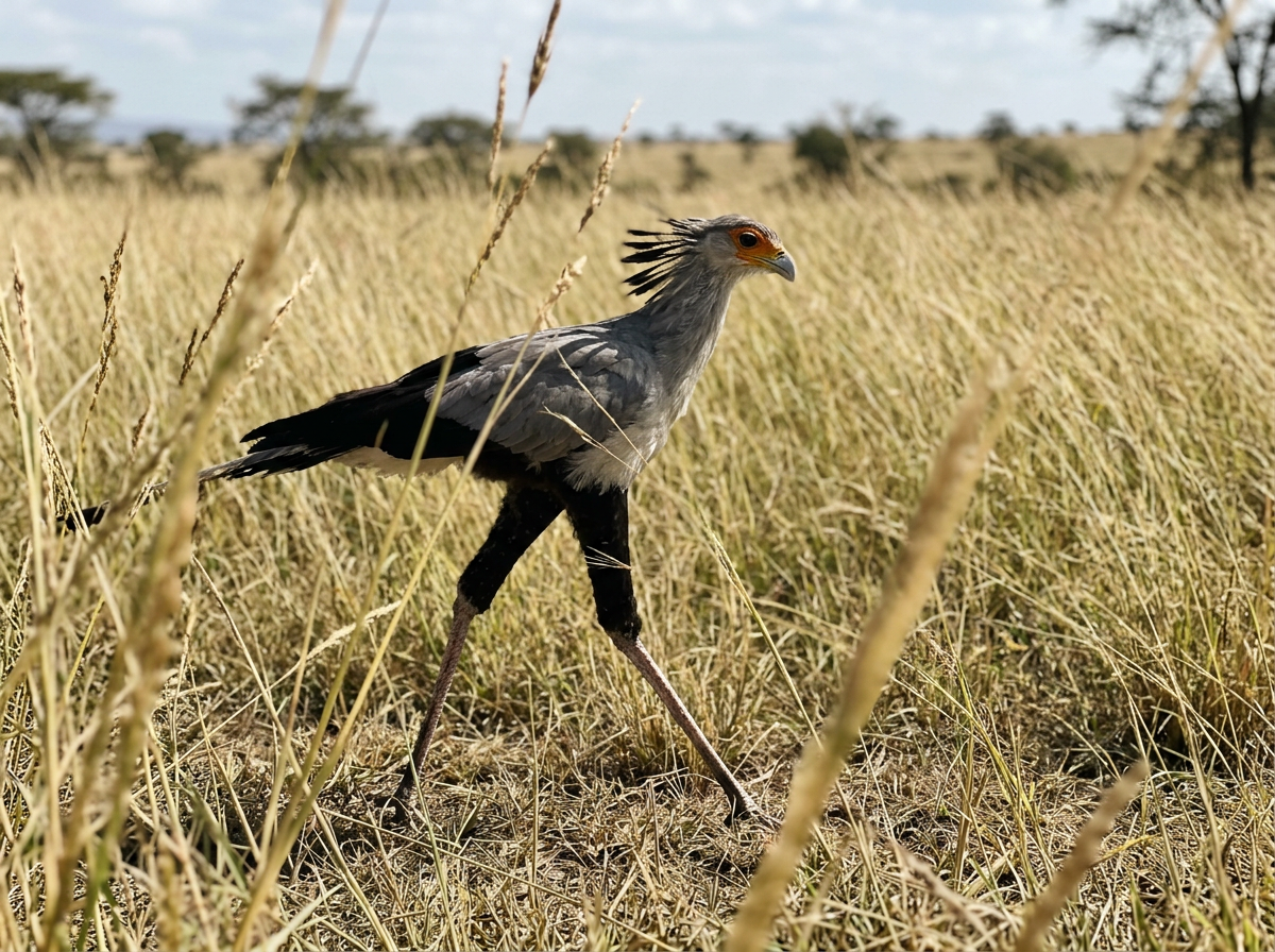 Secretarybird striding through grass with very long legs